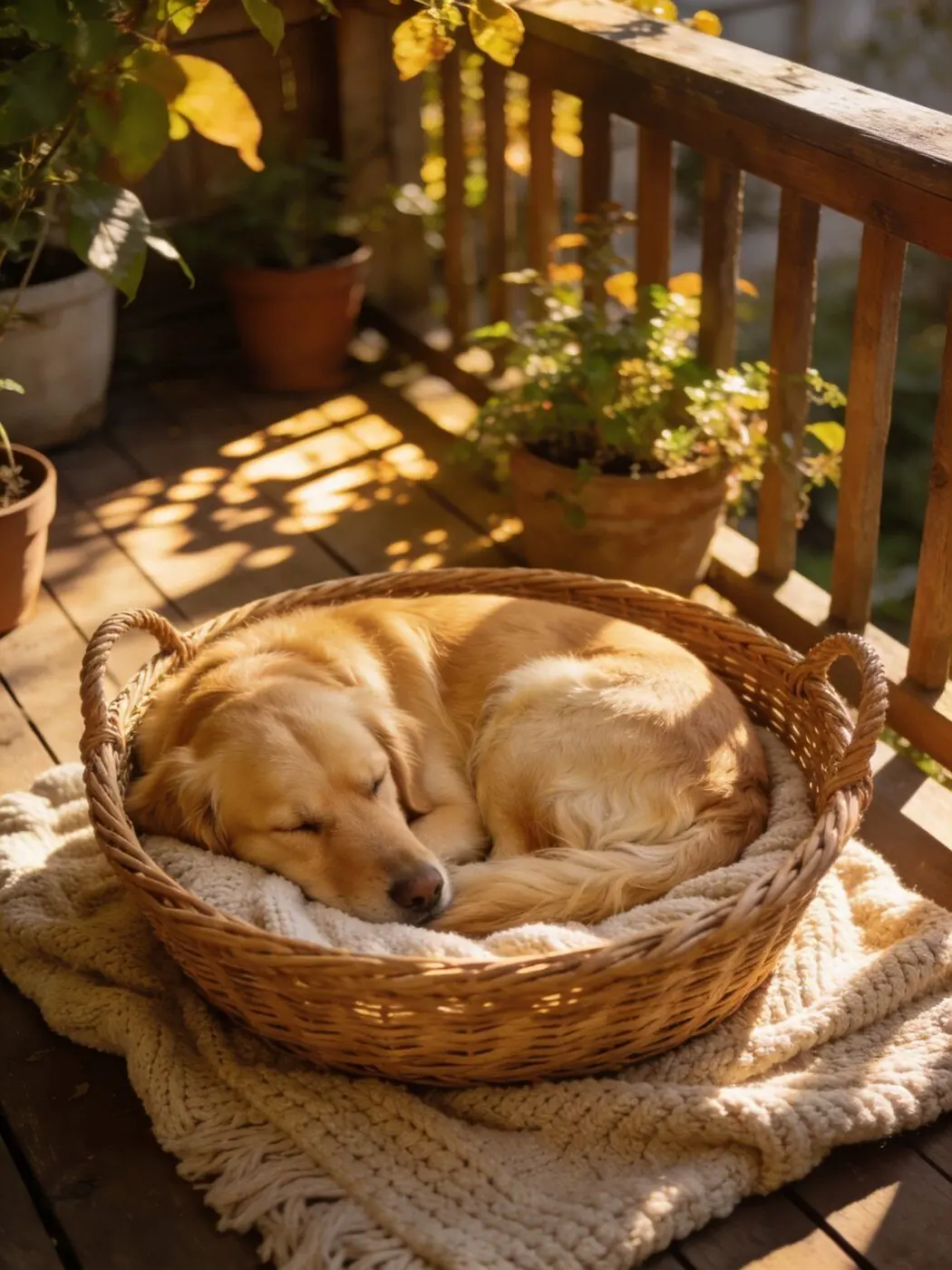 Chien qui dort paisiblement dans un panier sur la terrasse