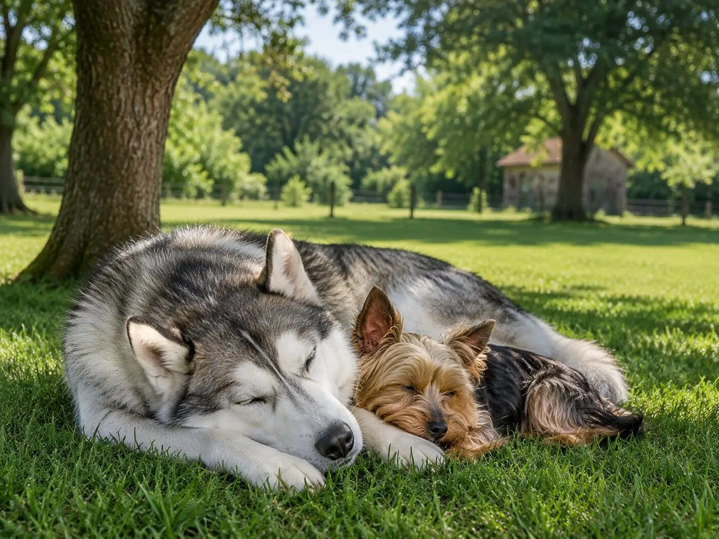 Chiens en sieste à l'ombre dans le jardin clos