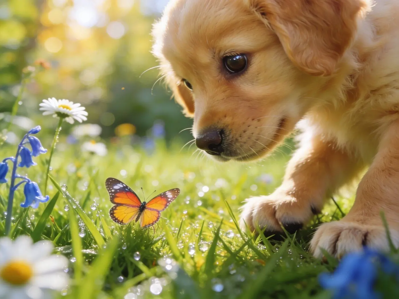 Chiot curieux découvrant le jardin de la pension